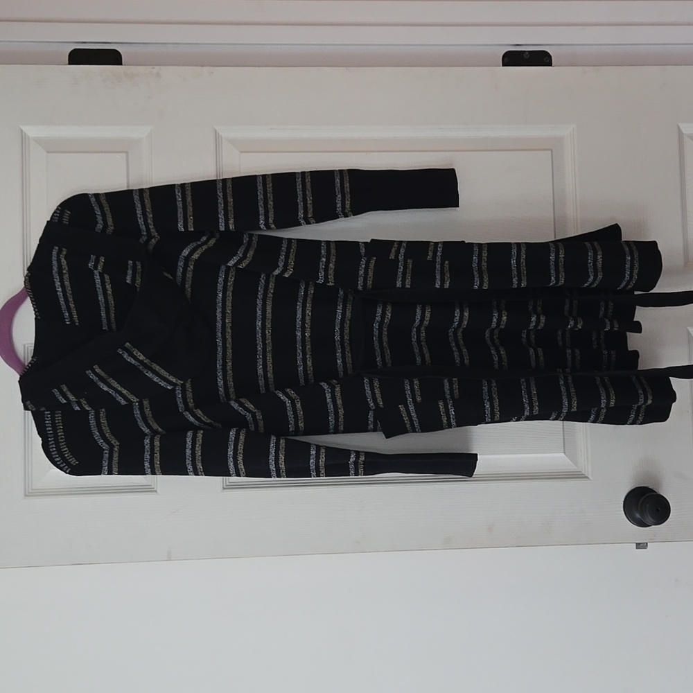 NWOT CHASER Metallic Striped Hooded Duster Cardigan Sweater Belted Silver Gold - Picture 5 of 7